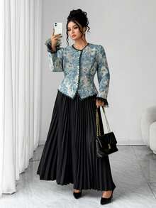 SHEIN Elenzya Plus Size Women Elegant Black Floral Oil Painting Jacquard Jacket And Pleated Skirt 2 Pieces Set,Autumn Formal Evening Office Wear Mesh Ruffle Sleeve - Blue - View 7