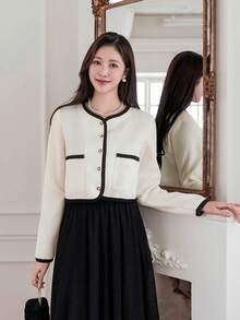 DAZY 女士宽松拉链撞色夹克，秋季女装外套 - 白色 - 查看 4