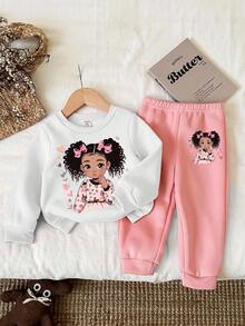 女婴针织柔软套头卫衣和运动裤套装，加厚休闲装，适合秋冬季节，采用爱心、白色和粉色蝴蝶结设计。 - 彩色 - 查看 5