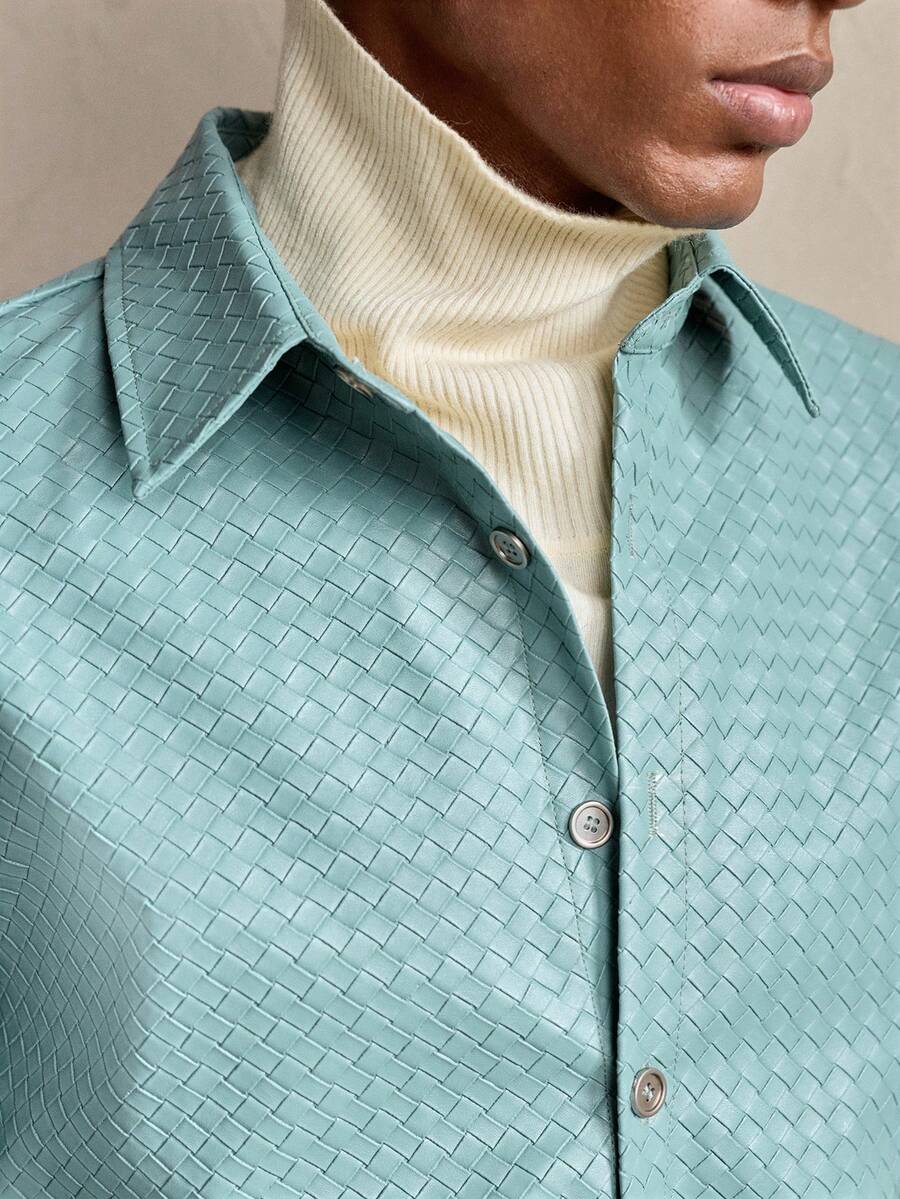 Business Casual AKNOTIC 男士宽松插肩提花衬衫，纯色休闲衬衫，适合圣诞派对、商务场合、送给男友的礼物、春秋季穿着，长袖上衣 - 藍色 - 查看 1
