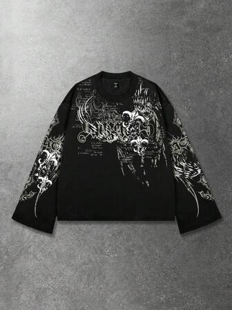 Street Life T-shirt à manches longues ample et court avec imprimé graphique rétro pour hommes