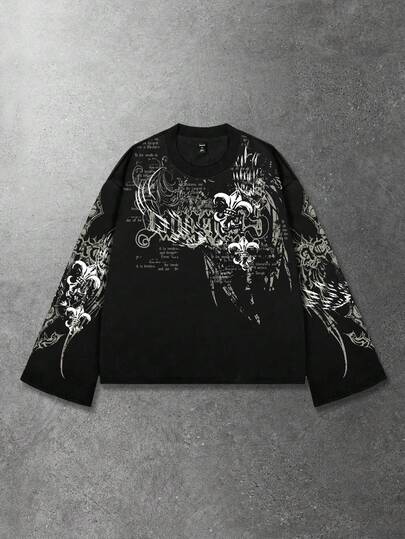 Street Life Men's Retro Graphic Gothic Print Loose Cropped Long Sleeve T-Shirt