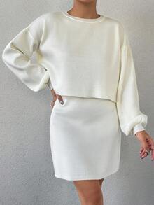 EURMUSE Ladies' Solid Color Round Neck Sweater And Knitted Skirt Set - Putih - View 4