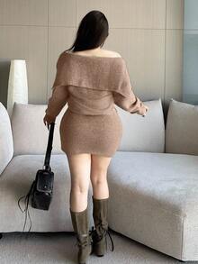 Flirla 加大码女式海军蓝领纽扣前针织保暖毛衣裙，适合秋冬季，返校/通勤装 - 駝色 - 查看 2
