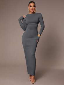 Silquee 女式基本款汗衫连衣裙，性感深背，腰部褶皱，亲肤，长袖，及地长，炭灰色 - 深灰色 - 查看 3