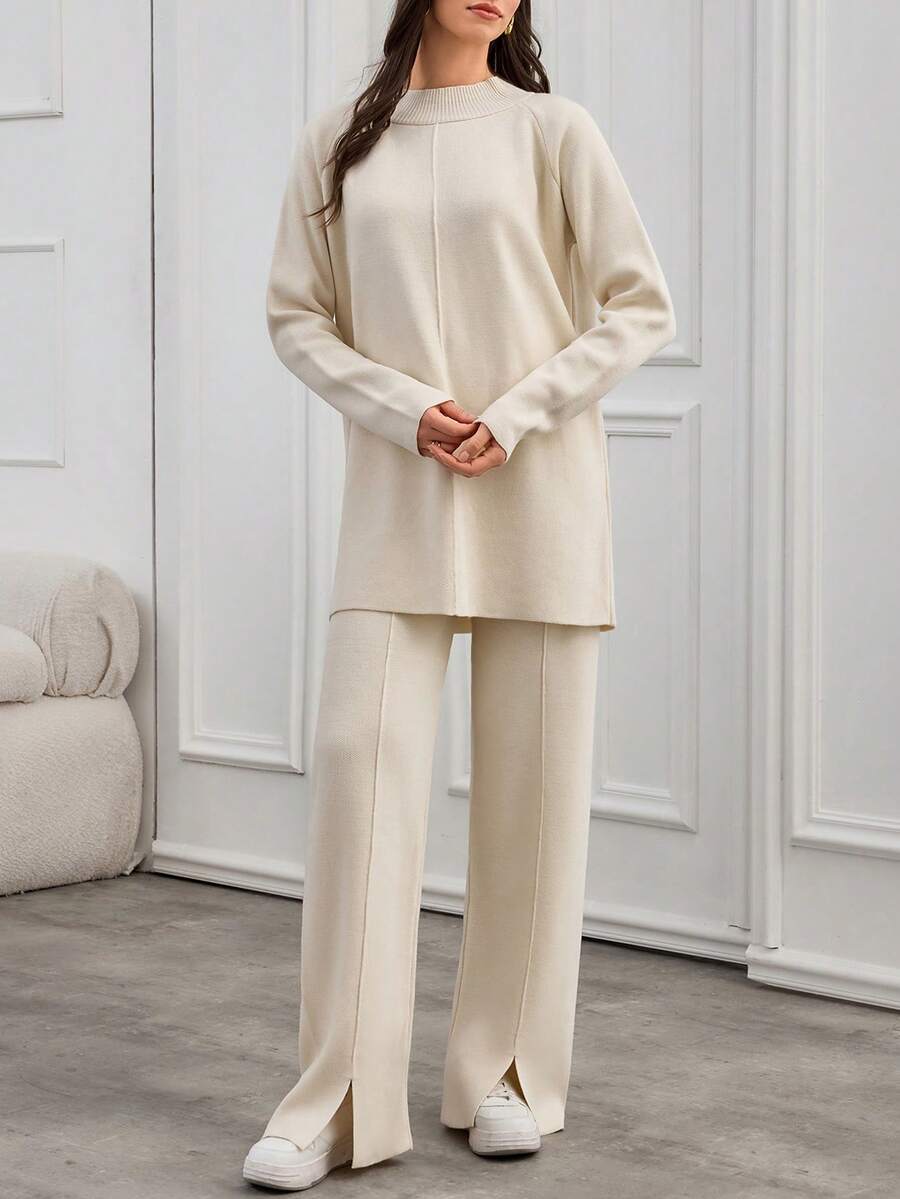 SHEIN Tall 1pc Women Solid Color Long Sleeve Top And Pants Co-Ord Set,Winter Clothes