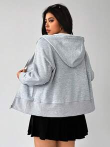 SHEIN EZwear Áo khoác nỉ dáng rộng, tối giản, màu trơn, có khóa kéo, thích hợp cho nữ mùa thu đông. - Xám - Xem 2