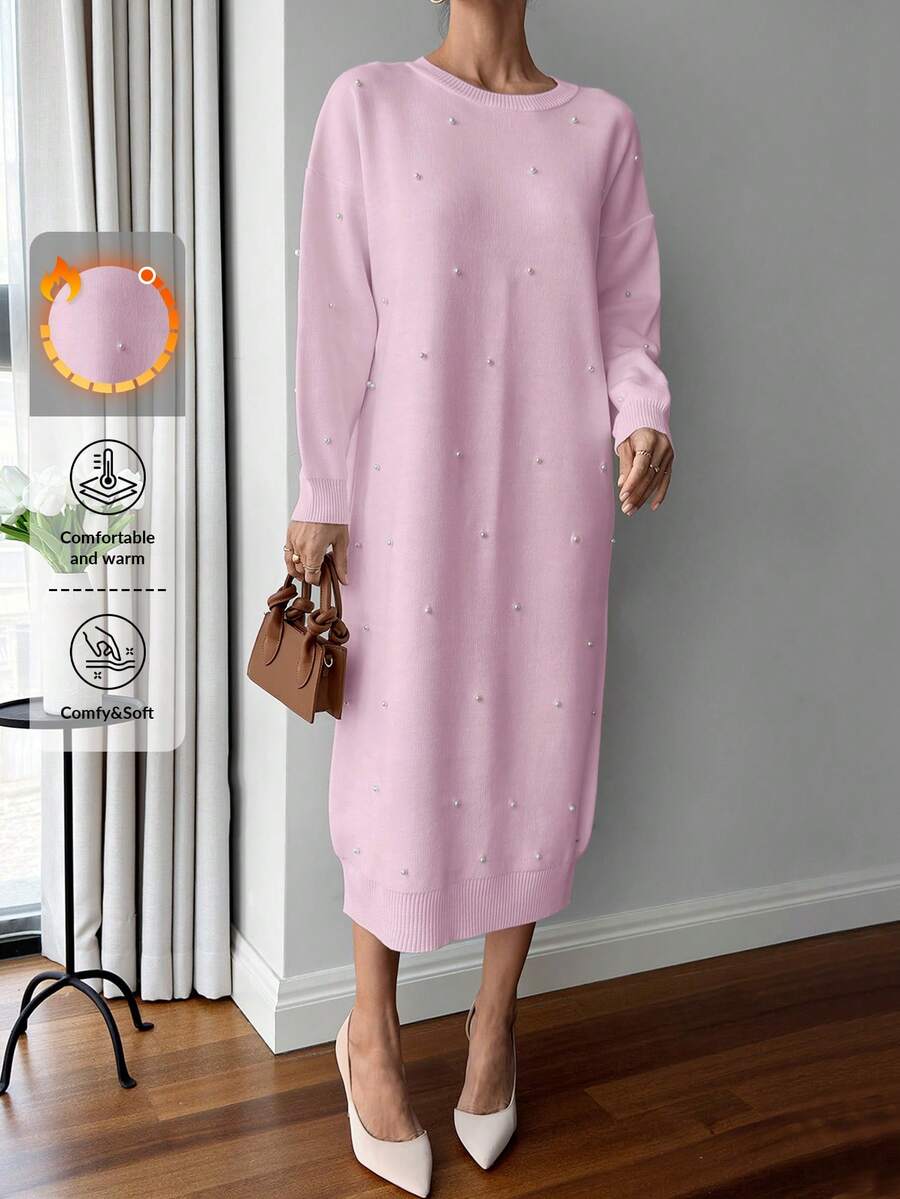 EURMUSE Women Solid Color Round Neck Pearl Detailed Long Sweater Dress - Baby Pink - View 1
