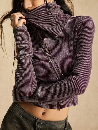 Easelle Vintage Nomadic Studded Asymmetric Collar Fitted Zip-Up Women T-Shirt Purple Sweater Turtle Neck Top Sweater Top Ribbed Shirt Dark Purple Top