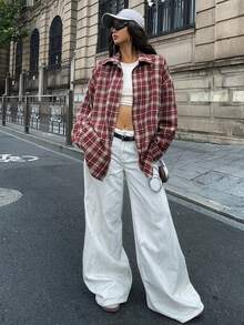 DAZY Damen Karo Loose Hemd mit Umlegekragen, Langarm, Kaffeebraun, Frühling/Sommer/Herbst - Bordeaux - Übersicht 4