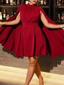 Auvina 大码女士优雅浪漫褶皱领斗篷式修身不对称下摆中长连衣裙，酒红色，春秋季 - 酒紅色 - 查看 7