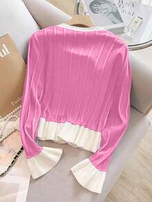 Franclia New Gentle Elegant Sweet Flare Sleeve Ruffled Hem Knit Cardigan For Women, Spring/Autumn - Hot Pink - View 2