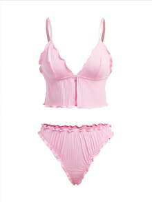 Lowkey Lull 2 件套三角杯前开合休闲荷叶边可爱舒适别致女士内衣套装 - 粉色 - 查看 6