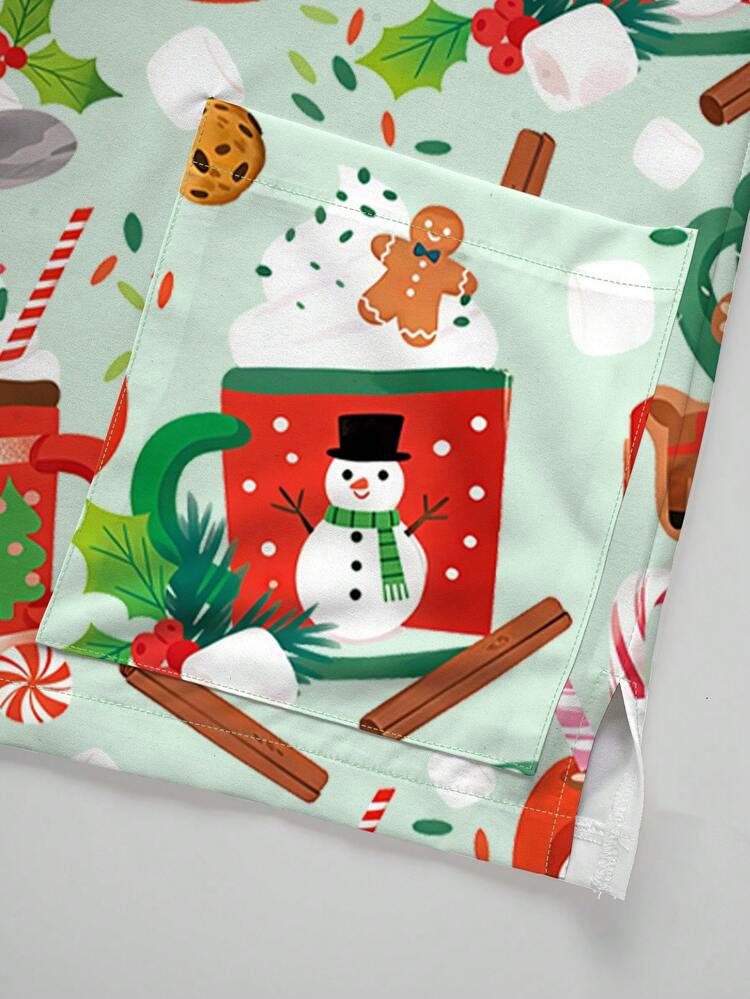 PopScrub 圣诞元素设计印花饮料杯卡通图案女式大码时尚V领短袖磨砂制服上衣 - 彩色 - 查看 4