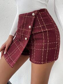 Almamuse Women's Plaid Button Design Asymmetric Hem Skort Tweed Shorts Red Checkered Shorts, Christmas - Red - View 4