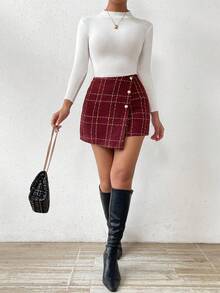 Almamuse Women's Plaid Button Design Asymmetric Hem Skort Tweed Shorts Red Checkered Shorts, Christmas - Red - View 6