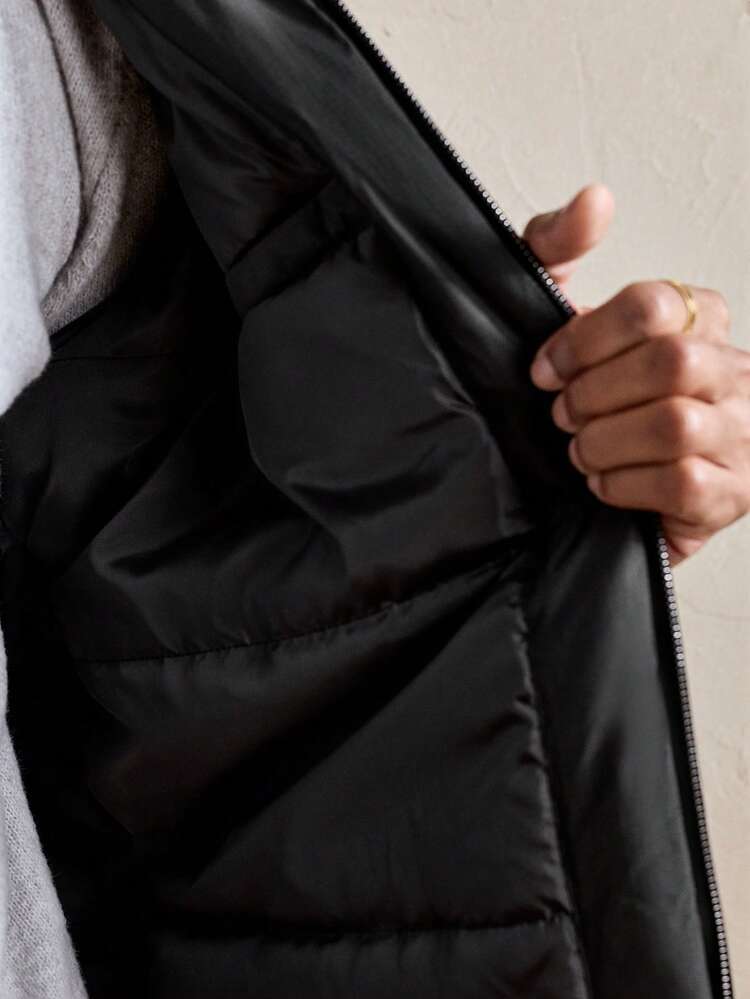 Men's Solid Color Drop Shoulder Long Sleeve Warm Zip-Up Casual Padded Coat, Winter