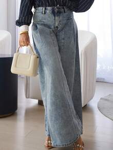 Cioccolato Calça Denim Feminina Perna Larga Plissada, Calça Casual Versátil e na Moda - Lavagem Média - Visão 3