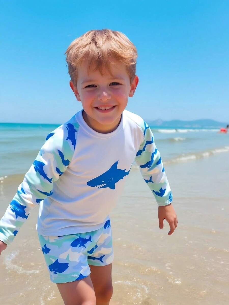 SHEIN Fantacosmos 男童卡通鲨鱼印花泳衣套装，适合海滩和游泳 - 彩色 - 查看 1