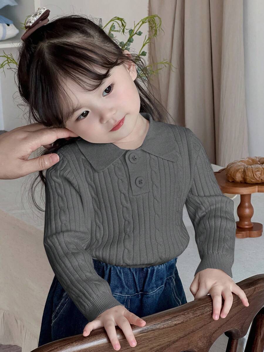 DAZY Baby Girl Casual Daily Commute Simple Solid Color Polo Collar Cable Ribbed Knit Sweater, Autumn/Winter Toddler Girls Clothes - Grey - View 1