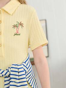 Joliand Joliand 1 Pc Tween Girls Elegant City Cute Palm Tree Printed Loose Fit Polo Collar Short Sleeve Dress, Casual Daily Wear, Suitable For Outings, Gatherings, Parties, Summer & Autumn Yellow For Girl Polo Dress Kids Casual Dresses For Girls Girls Polo Dress Back To School  School  Clothes School Supplies