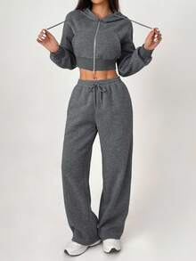 SHEIN PETITE 2 件套：纯色连帽拉链长袖运动衫和抽绳腰袋裤 - 灰色 - 查看 7