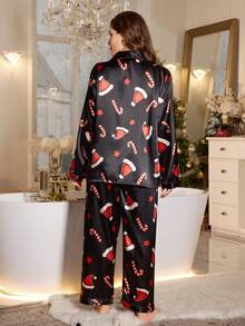 MuseNap CURVE Plus Size Funny Christmas Faux Silk Printed Lapel Top & Pants Pajama Set, Suitable For Loungewear & Outerwear Fall Winter Clothes - Black - View 2