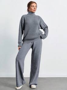 SHEIN Tall Turtleneck Drop Shoulder Sleeve Sweater And Pants Set - Light Grey - View 5