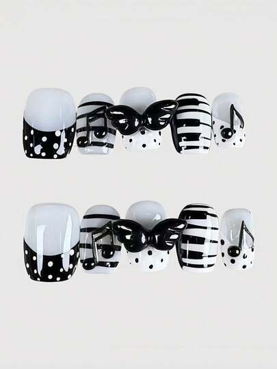 Kawaii 10pcs Y2K Retro Polka Dot, Striped, Pop Art, Grunge Style Wings, Music Notes Handmade Nail Art Decorations, Minimalist Japanese Harajuku Fashion False Nails, Suitable For College, Music Festivals, Dates