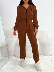 Zolique Women's Casual Sports Style Everyday Commute Contrast Color Drawstring Hooded Zip-Up Jumpsuit, Spring/Autumn - Coffee Brown - View 6