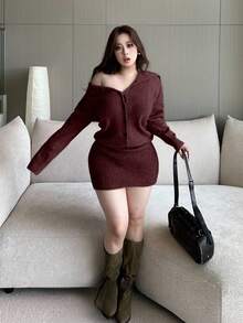 Flirla 加大码女式海军蓝领纽扣前针织保暖毛衣裙，适合秋冬季，返校/通勤装 - 酒紅色 - 查看 6