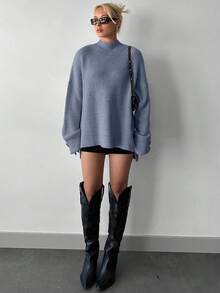 EURMUSE Stand Collar Drop Shoulder Long Sleeve Women's Sweater With Front Short Back Long Design - Grey - View 4