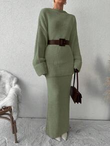 EURMUSE 2 件套：女式纯色圆领长袖上衣和裙子