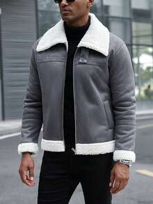 Manfinity Homme Manfinity 男士灰色外套，撞色毛领和袖口，拉链开合，休闲长袖夹克，保暖性强，适合秋冬季节穿着。领子可双向佩戴，是送给男友或老公的完美节日礼物。男士冬季灰色抓绒外套 - 灰色 - 查看 6