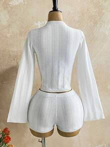 Soleia 全新休闲度假西部海滩婚礼宾客服装、毕业早午餐、圣帕特里克节春假、复活节、音乐节、优雅波西米亚热带纹理金属装饰女士 2 件针织套装 - 卡其色 - 查看 2