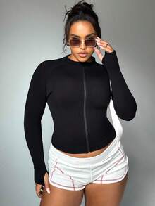 SHEIN Dewbera Plus Size Women's Solid Color Long Sleeve Zip-Up Collar Sports Jacket - Black - View 6