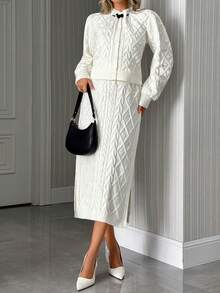 EURMUSE Cardigan tricotat cu împletitură, fundă și nasturi cu perle și set de fustă midi asortată - Bej - Vizualizare 4