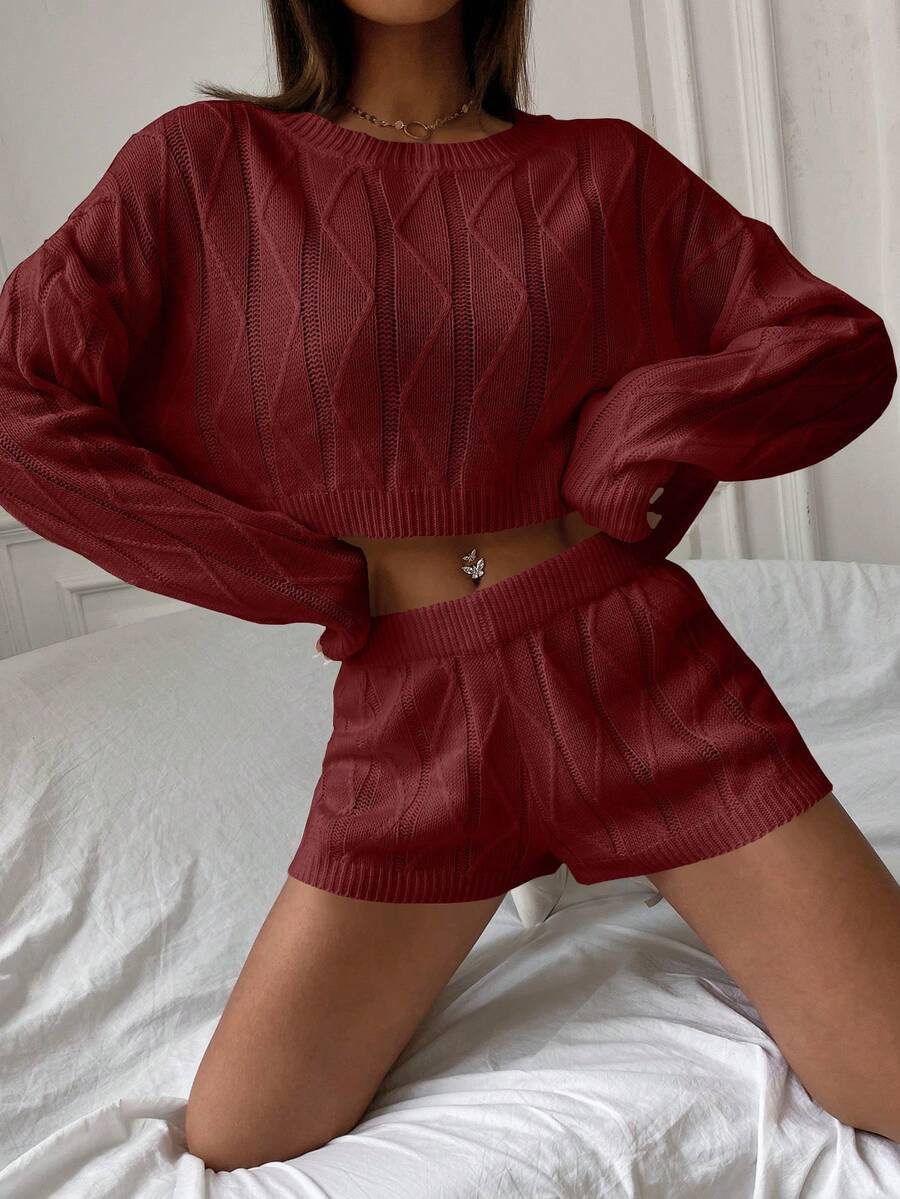 SHEIN Unity 2pcs/Set Solid Color Crew Neck Long Sleeve Sweater Top And Shorts Casual Knit Set - Burgundy - View 1