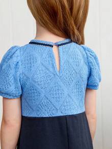 Joliand Joliand 1pc Young Girls Elegant Navy Blue Dress,Summer Back-To-School Geometric Print Puff Sleeve Bow Decor Patchwork School Uniform Preppy Career Day Dress - Multicolor - View 5