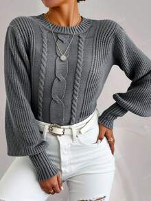 SHEIN Cottnline Round Neck Long Sleeved Cable Knitted Sweater - Dark Grey - View 6