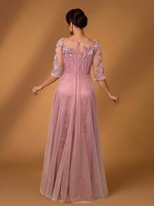 Serin 浪漫优雅圆领七分袖蕾丝撞色网纱A字下摆奢华贴花连衣裙，适合晚宴、约会、舞会、单身派对、音乐节、婚礼、新娘母亲礼服、春夏、情人节等场合。 - 粉色 - 查看 2