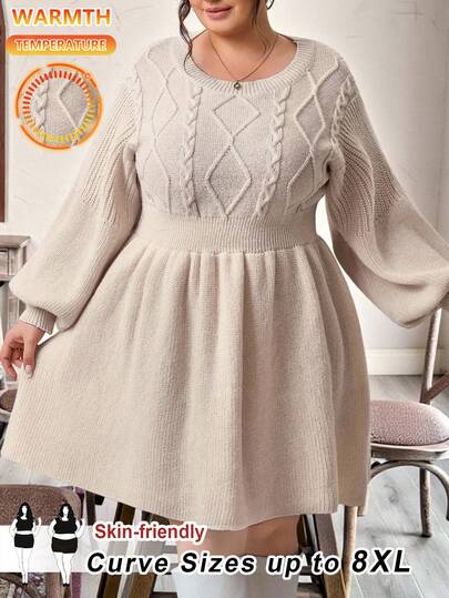 SHEIN CURVE+ Plus Size Autumn Winter Women's Thick Fried Dough Twists Panel Waist A Swing Cuff Closure Round Neck Casual Holiday Woolen Dress