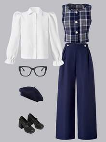 SHEIN Girls Collared Shirt + Cardigan Vest + Pants 3-Piece Set - Multicolor - View 4