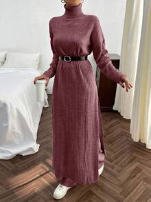 EURMUSE Women Solid Color Rib Knit Turtleneck Slit Detailed Long Sweater Dress & Sweater Pants Set - Rusty Rose - View 6