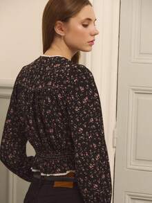 lacRébo Ditsy Vintage Style Floral Print Blouse With Shirred Fitted Waist Button Front Detail And Contrast White Lace Trim - Multicolor - View 6