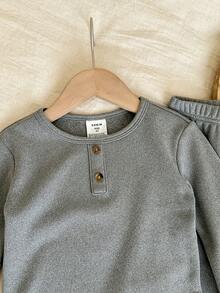 SHEIN 2 件套小男孩舒适罗纹针织圆领长袖睡衣套装，柔软舒适，适合秋冬季 - 灰色 - 查看 4