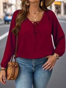 EMERY ROSE Christmas Wine Red V-Neck Lace-Up Blouse, Plus Size Women