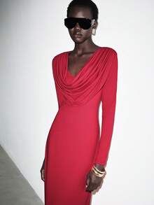 Lumivelle Women's Elegant Plunging Neck Long Sleeve Bodycon Dress, Suitable For Holiday Party, Banquet, Date, Autumn/Winter Cowl Neck Dress Dress Red Draped Dress Drape Dress - Red - View 6