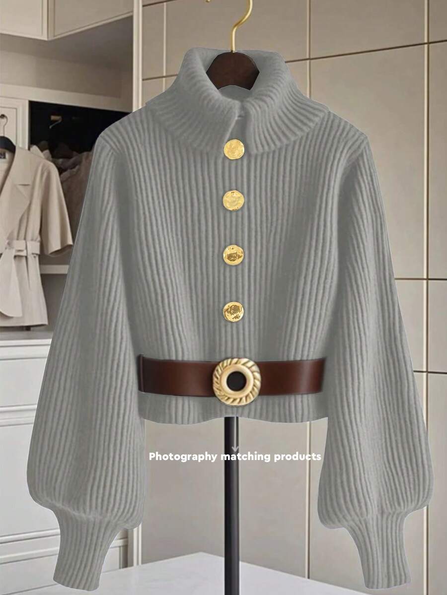 GlowEve 翻领金属纽扣灯笼袖时尚百搭女式毛衣 - 灰色 - 查看 1