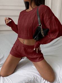 SHEIN Unity 2pcs/Set Solid Color Crew Neck Long Sleeve Sweater Top And Shorts Casual Knit Set - Burgundy - View 6